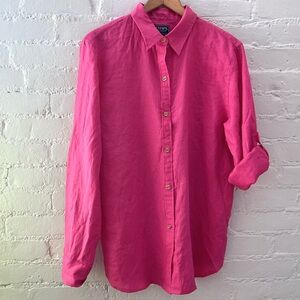 Chaps Womens 100% Linen Tunic Top Button Up Coastal Preppy Resort Lagenlook Pink
